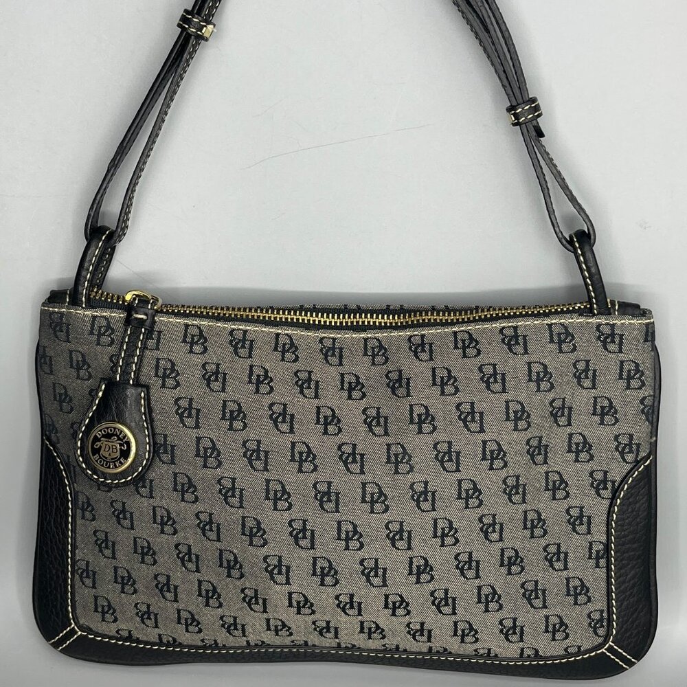 DOONEY & BOURKE GRAY/BLUE SIGNATURE W/BLUE LEATHER TRIM W/ CLUTCH SHOULDER HAND